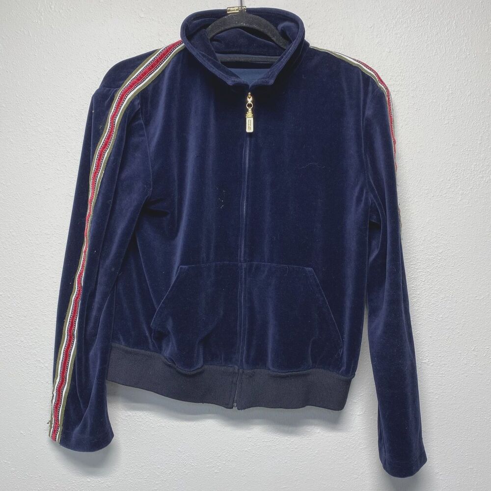 St John Navy Blue Tuxedo Striped Long Sleeve Full Zip Velour Velvet Jacket L
